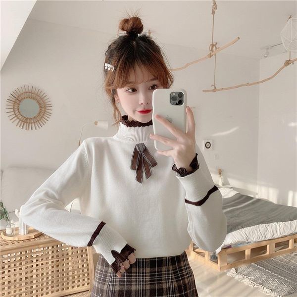 

women's sweaters knitted sweater women turtleneck bow autumn winter sweet style fashion brand ladies long sleeve pullovers korean clot, White;black