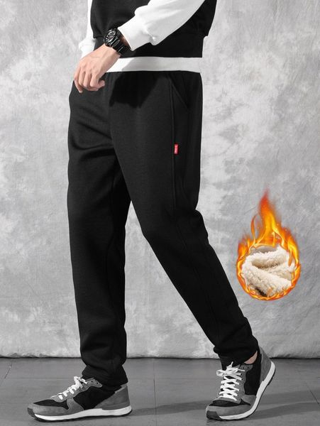 

men drawstring waist thermal lined pants x68l#, Black