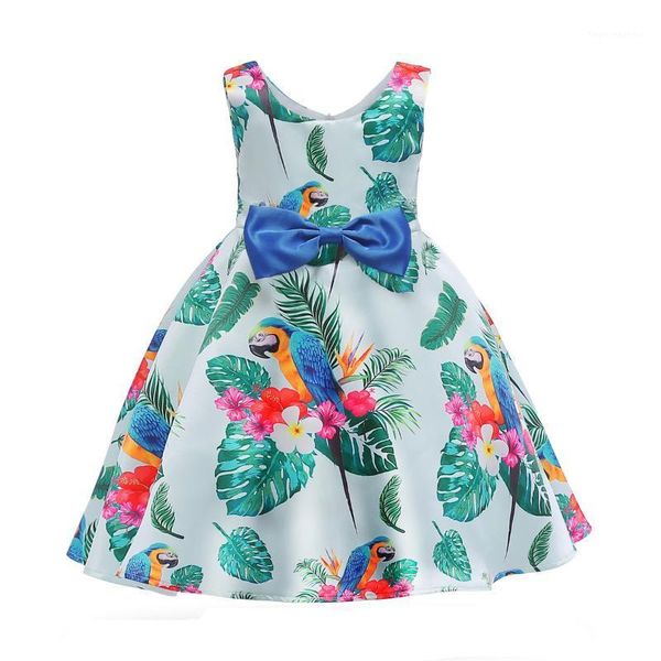 

girl's dresses spring and summer children's girls' sleeveless parrot printed princess dress middle small #11, Red;yellow