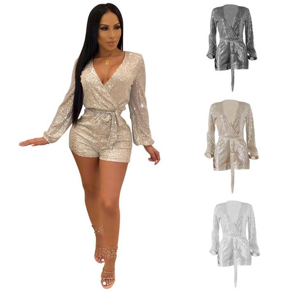 

women's jumpsuits & rompers fashion women ladies sequins jumpsuit long sleeve v-neck shorts dance evening party overalls club wear clot, Black;white