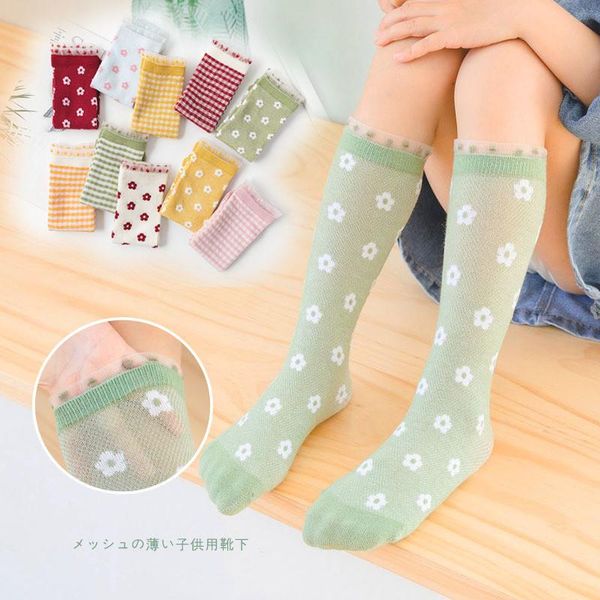 

spring and summer children's socks thin mesh stockings women's japanese for girls knee with print, Pink;yellow