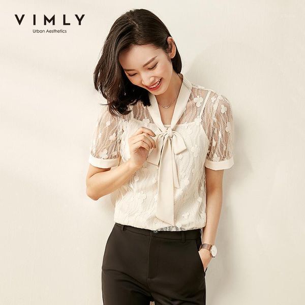 

vimly 2021 summer women lace hollow blouse with camisole office lady elegant bow collar short sleeve slim female shirts f1223 women's, White