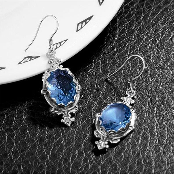 

hoop & huggie tribal water drop navy blue stone earrings womens jewelry antique silver color long teardrop hook dangle female, Golden;silver