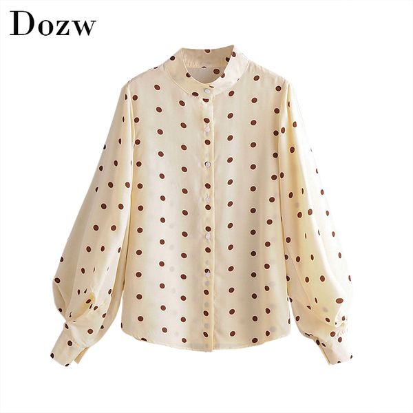 

elegant polka dot print women blouses stylish stand neck long lantern sleeve ladies spring autumn female loose shirts 210414, White