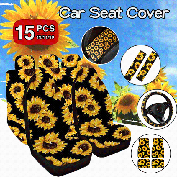 

sunflower printed car seat covers set black steering wheel cover auto interior cushion accessories universal fit for most cars
