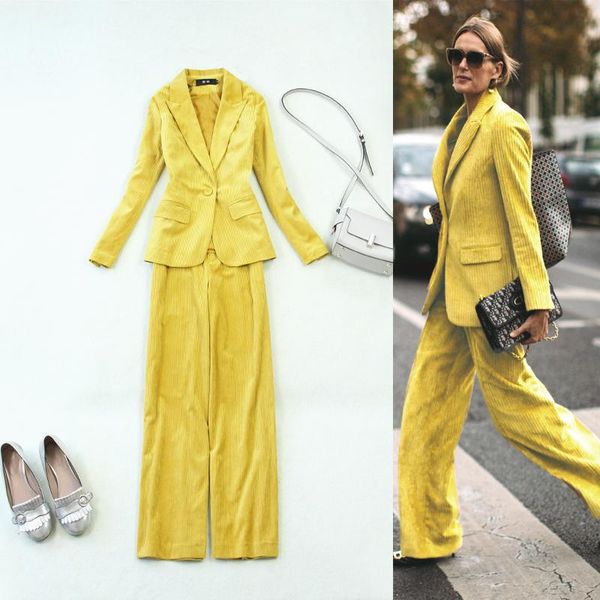 

women's pant suits set ol corduroy suit jacket blazers & wide leg pants office lady womens 2 pieces two piece, White