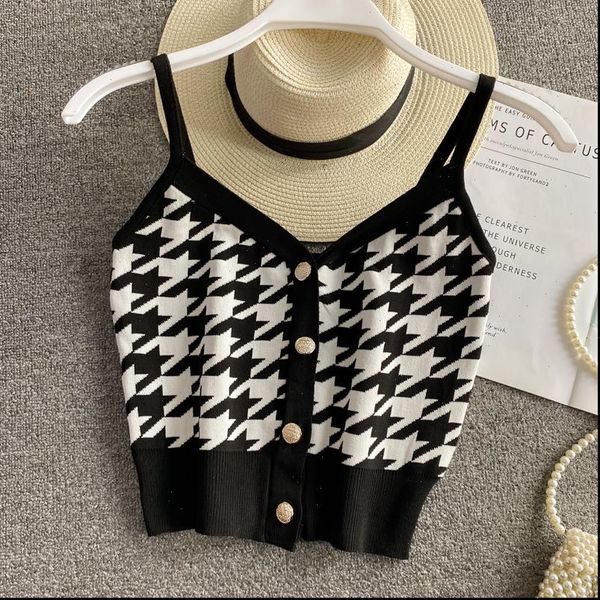 

fashion summer casual single breasted womens tanks knit camisole outer sweater plaid v neck, White