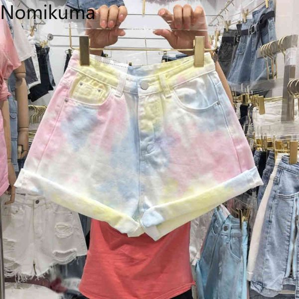 

nomikuma tie dye printed jeans women summer high waist loose short denim pants korean style streetwear pantalones femme 210514, White;black