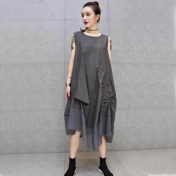 

summer plus size womens dresses o neck patchwork famale clothing sleeveless girls long knee length, Black;gray