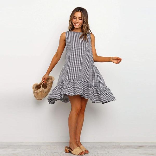 

casual dresses plus size loose women dress sweet plaid o-neck sleeveless summer fashion ruffles hem a-line office ladies vestidos, Black;gray