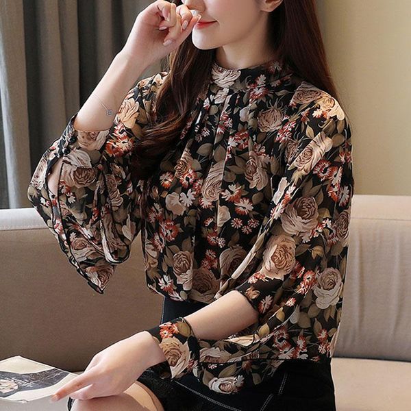 

women's blouses & shirts moda 2021 ladies chiffon spliced floral stand puff sleeve blouse women vintage korean, White