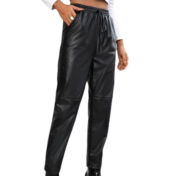 

women's pants & capris fashion women casual high waist solid color loose locomotive pu leather trousers elastic donsignet, Black;white