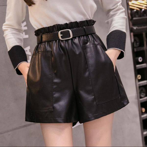 

womens short pu leather wide legged shorts autumn winter women fashion high waist ruffled girls a line faux bottoms, White;black