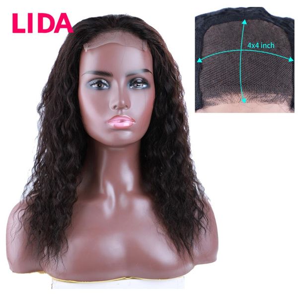 

lida 4x4 lace closure curly wig pre plucked brazilian hair non-remy human natural color for black woman wigs, Black;brown