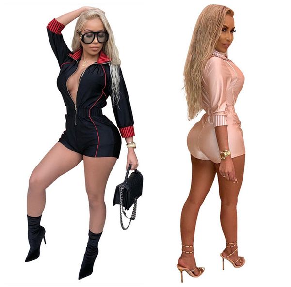 

short playsuit women black casual jumpsuits long sleeve zipper front shorts rompers for women fashion summer jumpsuits overalls, Black;white