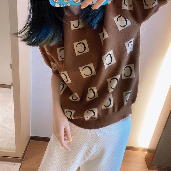 

women's knits & tees juice snow 2021 wool kniting t-shirt loose casual letter printing short sleeved retro jacquard round neck women, White