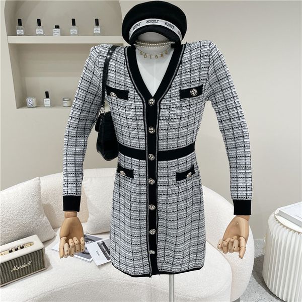 

dresses spring female niche fashion design cleavage in skinny single breasted contrast knitted, Black;gray