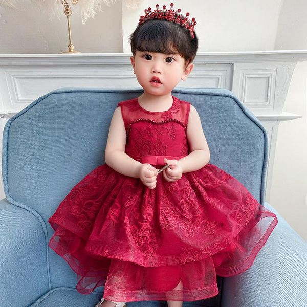 

baby girls red baptism dress born princess birthday wear infant flower christening ball gown kids dresses for 12 24m girl's, Red;yellow