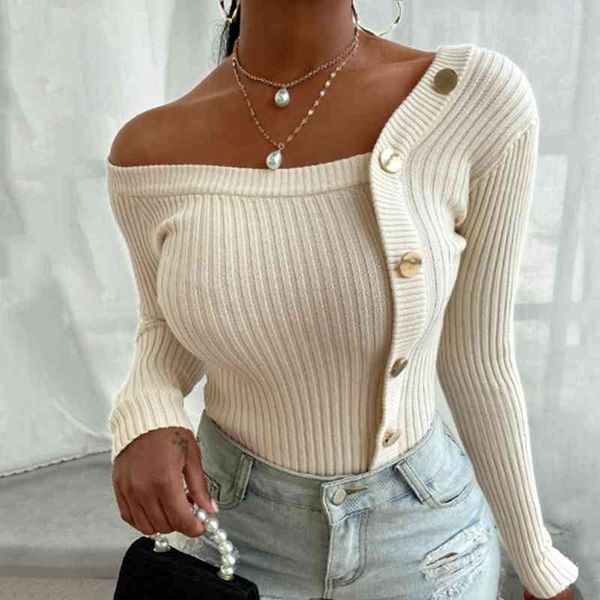 

women autumn one shoulder pullovers knitted sweaters winter casual bodycon sweater female long sleeve solid jumpers 210415, White;black