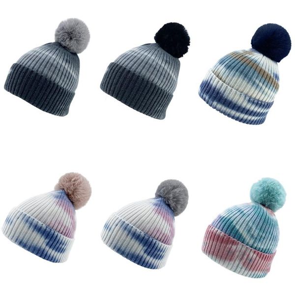 

hats, scarves & gloves sets autumn and winter ladies knitted hat fashion tie-dye detachable wool ball outdoor street warm hood, Blue;gray