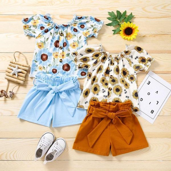 

clothing sets 2021 summer born baby girl short sleeve sunflower t-shirt bow shorts bottom 2pcs girls set, White