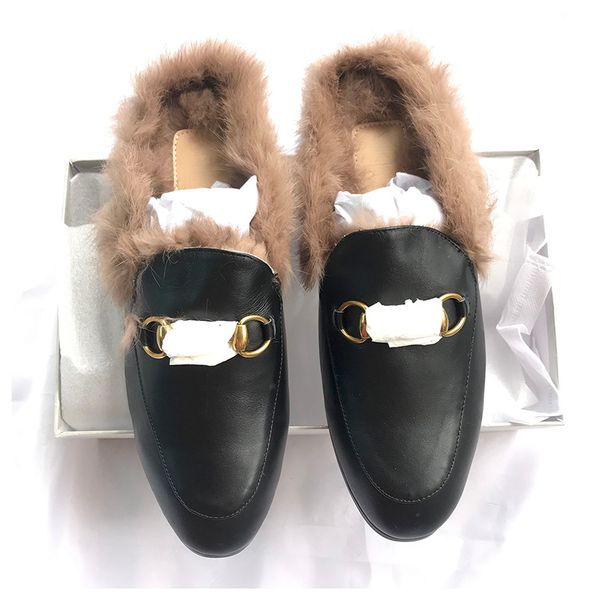 

slippers designer brand luxury fur women genuine leather flat mules metal chain casual shoes loafers outdoor sli csul, Black