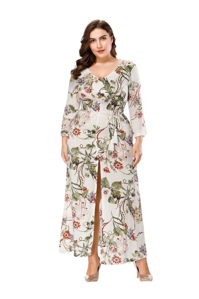 

2019 spring and summer new large size dress printed dress bohemian v-neck cropped sleeve dress 0019, White;black