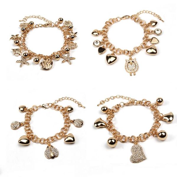

charm bracelets harong fashion women bracelet 4 style heart key lock insect starfish luxury crystal gold diy jewelry accessories, Golden;silver