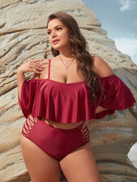 

plus ruffle hem cut-out bikini swimsuit q4he#, Black