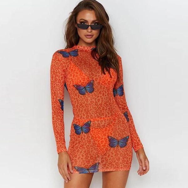 

women's summer personality leopard print long-sleeved tight-fitting hip dress see-through mesh ladies casual dresses, Black;gray