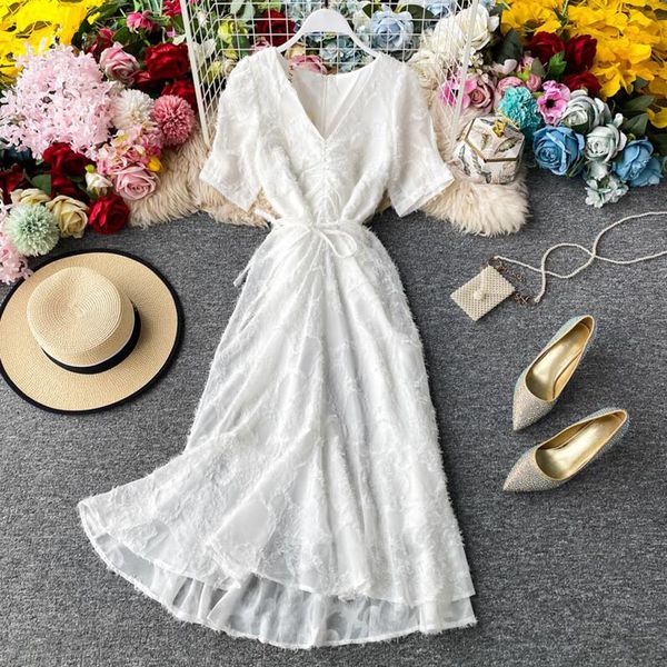 

dresses elegant v-neck summerr wome slim solid color white party princess es female ruffled midi long, Black;gray