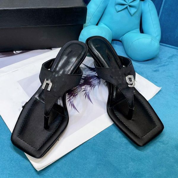 

slippers crystal letter square toe high heels women solid color sandals designer shoes summer flip flops, Black