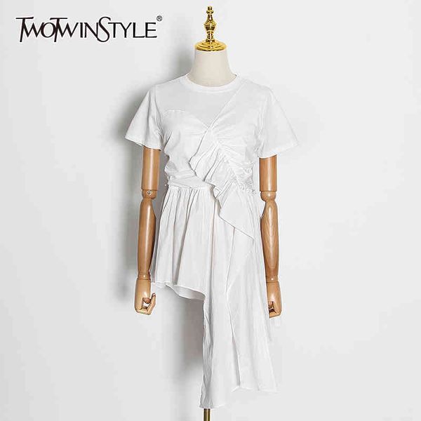 

twotwinstyl eelegant patchwork ruffle woman's t-shirt o neck short sleeve ruched asymmetric oversize casual shirt female fashion 210524, White