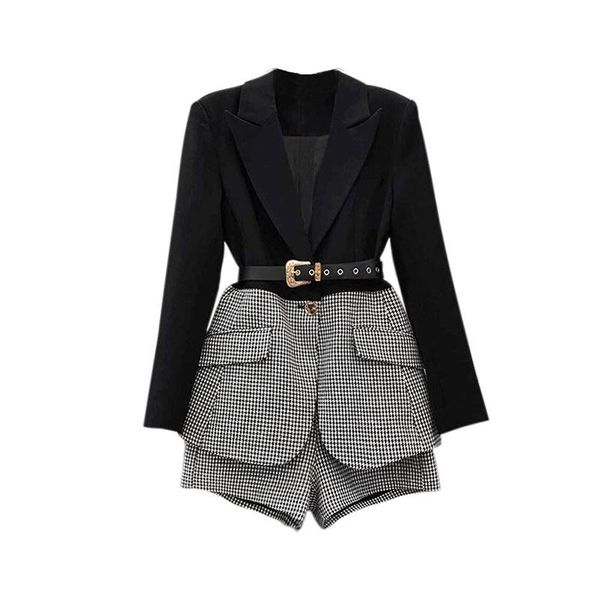 

women's tracksuits [ewq] korean patchwork plaid women lapel long sleeve sashes blazer wide leg shorts casual two piece set female 2021, Gray