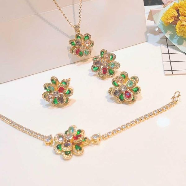 

earrings & necklace fashion flower jewelry set inlay colorful zircon exquisite camellia pendant necklace/earrings for women wedding eternal, Silver