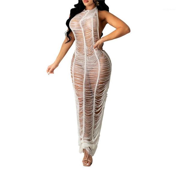 

women's swimwear women solid color halter dress cover up beach woman sleeveless hollow out see through high waist long for wear, White;black
