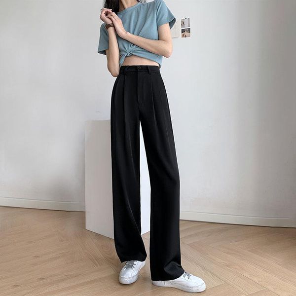

women's pants & capris fashion summer 2021 high waist loose ladies white suit office casual wide-leg black gray thin straight, Black;white