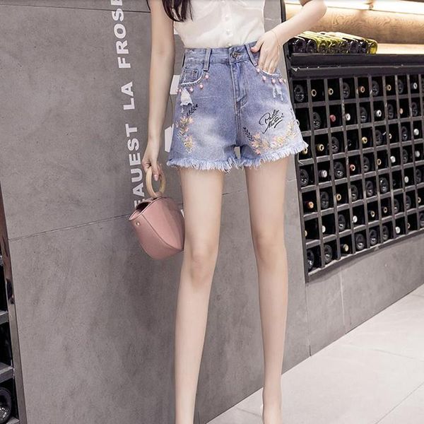 

women's shorts high waist embroidered denim in summer 2021, White;black