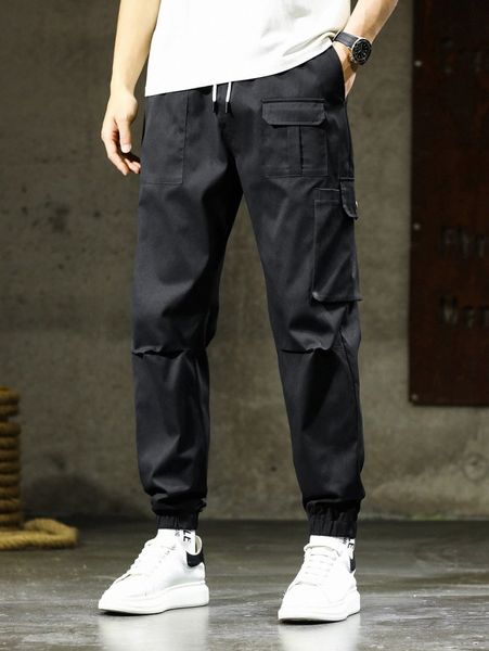 

men drawstring waist cargo pants x2cq#, Black