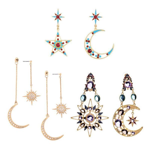 

women crystal dangle earrings moon and star asymmetric drop & chandelier, Silver