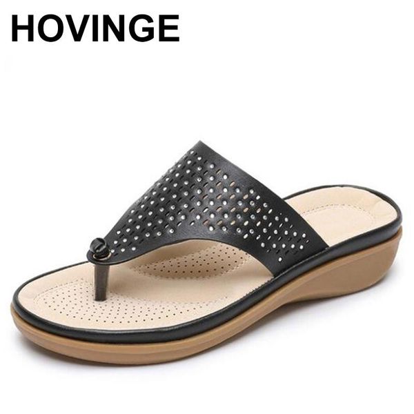 

slippers hovinge summer sandals women thongs open toe rhinestones hollow woman beach shoes casual flat ladies stitching, Black