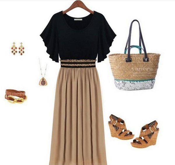 

knitted wind casual dresses chiffon stitching oversize women's short sleeve waist slim dress, Black;gray