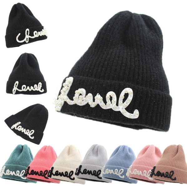 

knit hat autumn/winter 2021 new warm chunky pearl letters solid color wool hat cold hat lady, Blue;gray