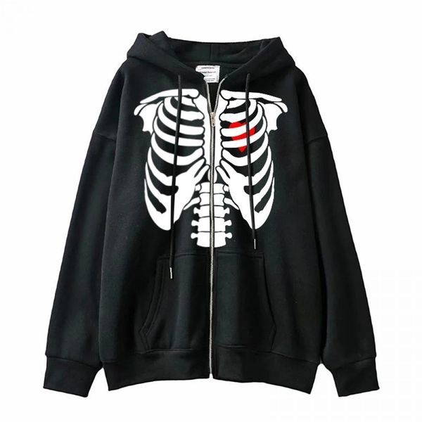 

skeleton zipper hoodie female skull heart print harajuku spring and autumn jacket street men women y2k sweater 220314, Black
