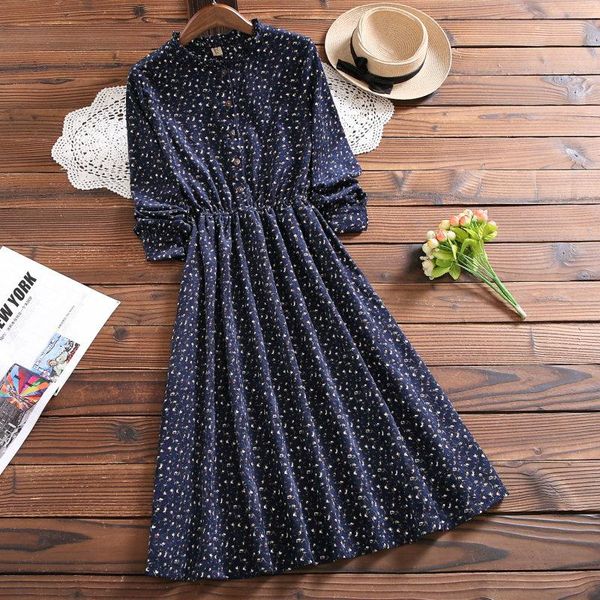 

autumn mori women's vintage small floral corduroy waist slimming mid-length below the knee long sleeve dress winter casual dresses, Black;gray