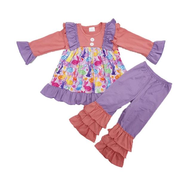 

clothing sets girl boutique fashion easter day outfit with ruffles little pattern long sleeve and pants, White
