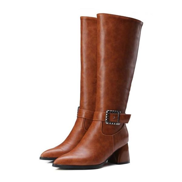 

boots thick heels woman winter fashion knee high zipper pointed toe retro shoes women buckle footwear boats mujer, Black