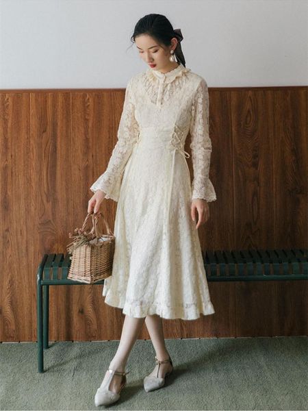 

casual dresses 2021 women spring fall long sleeve retro art flare lace temperament dress ladies vestidos, Black;gray