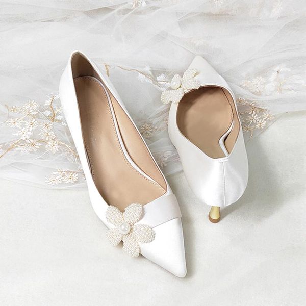 

dress shoes handmade pearl flower wedding french 2021 summer white satin bridal high heel single bridesmaid ladies shoe pumps, Black