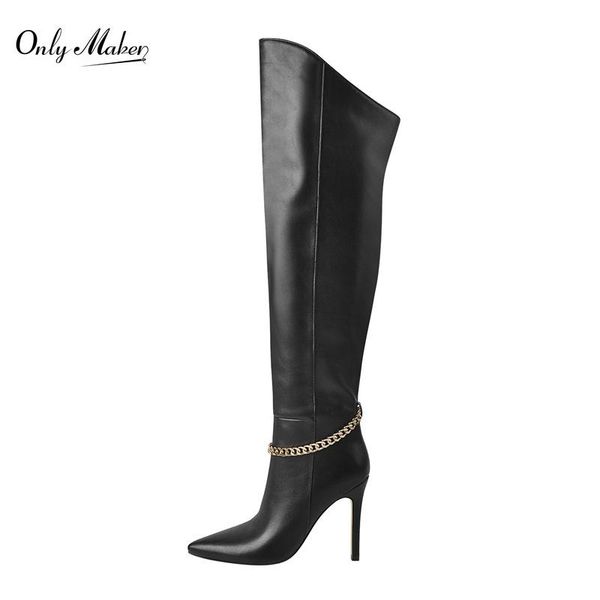 

boots onlymaker over the knee pointed toe thin high heels matte black metal chain zipper big size shoes